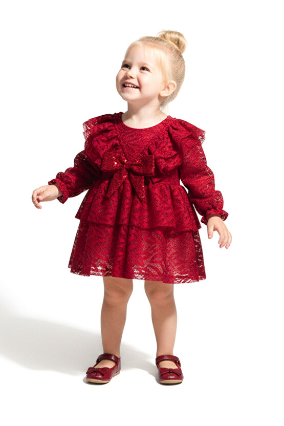 Kız Bebek Elbise Kız Çocuk Elbise Yakalı Doğum Günü Parti Düğün Özel Gün Uzun Kol Fiyonklu Astarlı