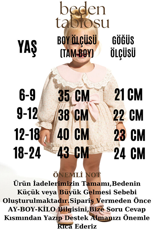 Kız Bebek Elbise Kız Çocuk Elbise Yakalı Doğum Günü Parti Düğün Özel Gün Uzun Kol Astarlı Çiçekli