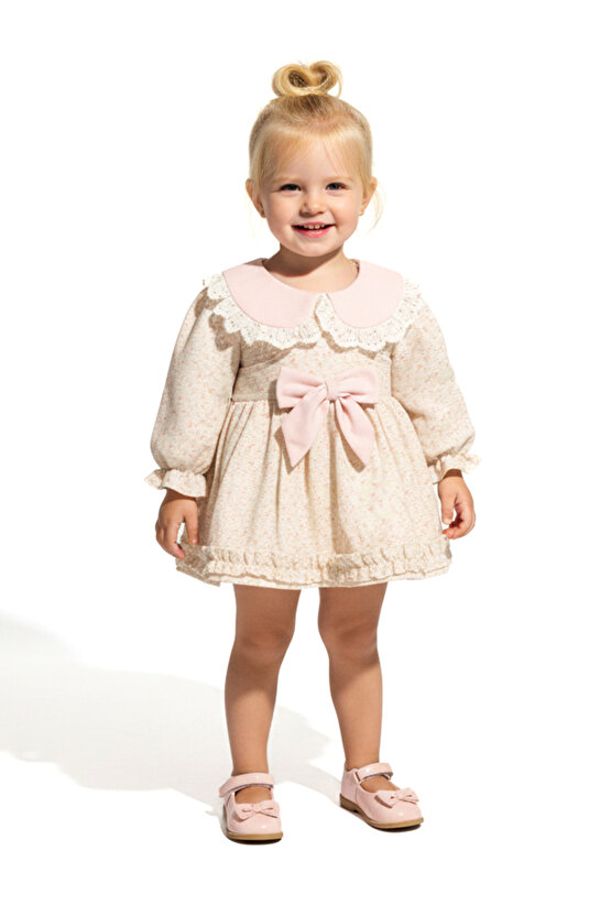 Kız Bebek Elbise Kız Çocuk Elbise Yakalı Doğum Günü Parti Düğün Özel Gün Uzun Kol Astarlı Çiçekli