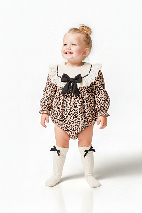 Kız Bebek Kız Çocuk Romper Doğum Günü Parti Düğün Leopar Romper Dantelli Fiyonklu Uzun Kol Romper