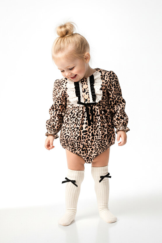 Kız Bebek Kız Çocuk Romper Doğum Günü Parti Düğün Leopar Romper Dantelli Fiyonklu Uzun Kol Romper