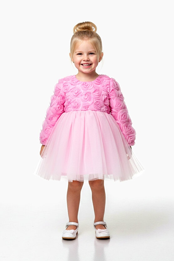 Kız Bebek Kız Çocuk Doğum Günü Parti Düğün Elbise Uzunkollu Güllü Fiyonklu Tüllü Tütü Astarlı