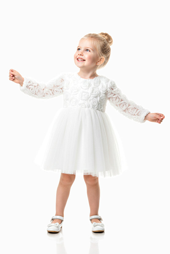 Kız Bebek Kız Çocuk Doğum Günü Parti Düğün Elbise Uzunkollu Güllü Fiyonklu Tüllü Tütü Astarlı