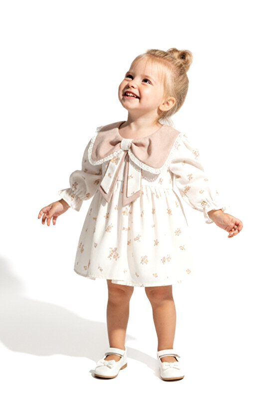 Kız Bebek Elbise Kız Çocuk Elbise Yakalı Doğum Günü Parti Düğün Özel Gün Uzun Kol Astarlı Çiçekli