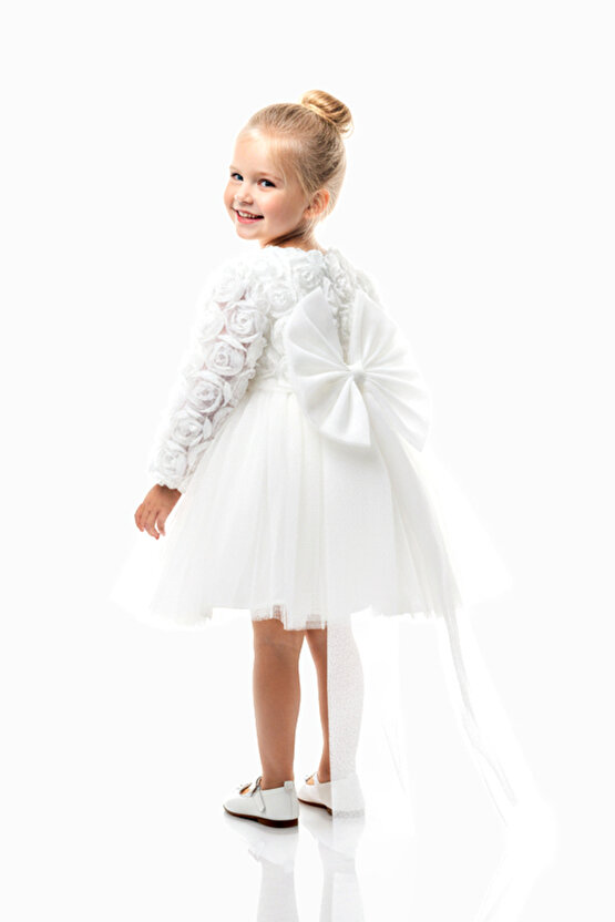 Kız Bebek Kız Çocuk Doğum Günü Parti Düğün Elbise Uzunkollu Güllü Fiyonklu Tüllü Tütü Astarlı