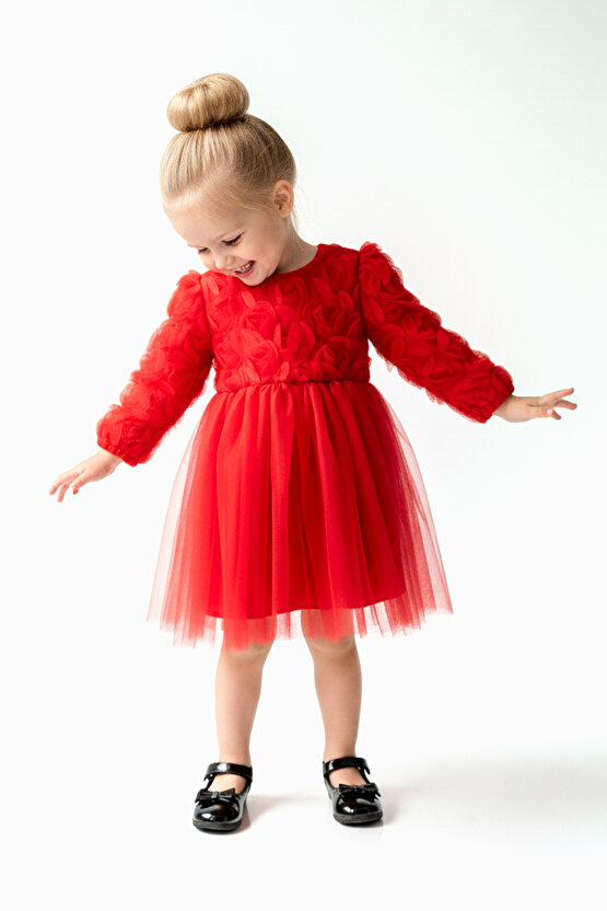 Kız Bebek Kız Çocuk Doğum Günü Parti Düğün Elbise Uzunkollu Güllü Fiyonklu Tüllü Tütü Astarlı