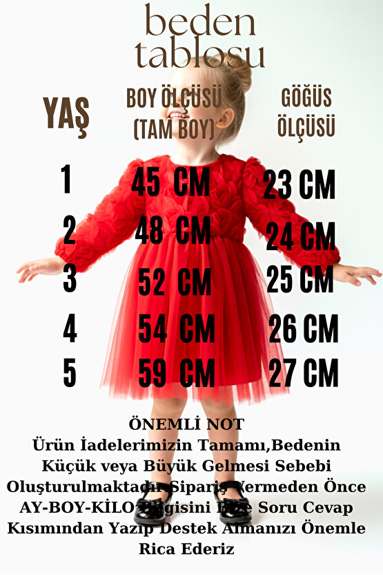 Kız Bebek Kız Çocuk Doğum Günü Parti Düğün Elbise Uzunkollu Güllü Fiyonklu Tüllü Tütü Astarlı