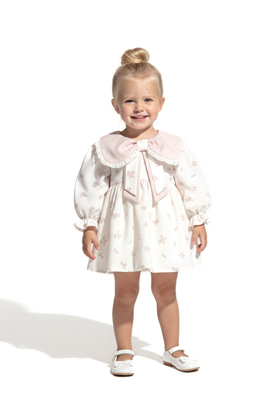 Kız Bebek Elbise Kız Çocuk Elbise Yakalı Doğum Günü Parti Düğün Özel Gün Uzun Kol Astarlı Çiçekli