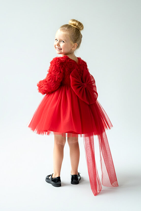 Kız Bebek Kız Çocuk Doğum Günü Parti Düğün Elbise Uzunkollu Güllü Fiyonklu Tüllü Tütü Astarlı