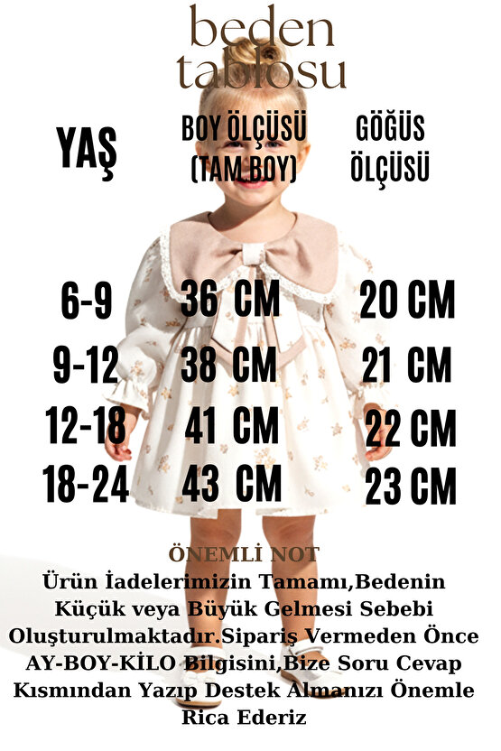 Kız Bebek Elbise Kız Çocuk Elbise Yakalı Doğum Günü Parti Düğün Özel Gün Uzun Kol Astarlı Çiçekli