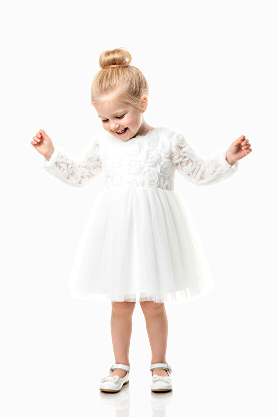 Kız Bebek Kız Çocuk Doğum Günü Parti Düğün Elbise Uzunkollu Güllü Fiyonklu Tüllü Tütü Astarlı