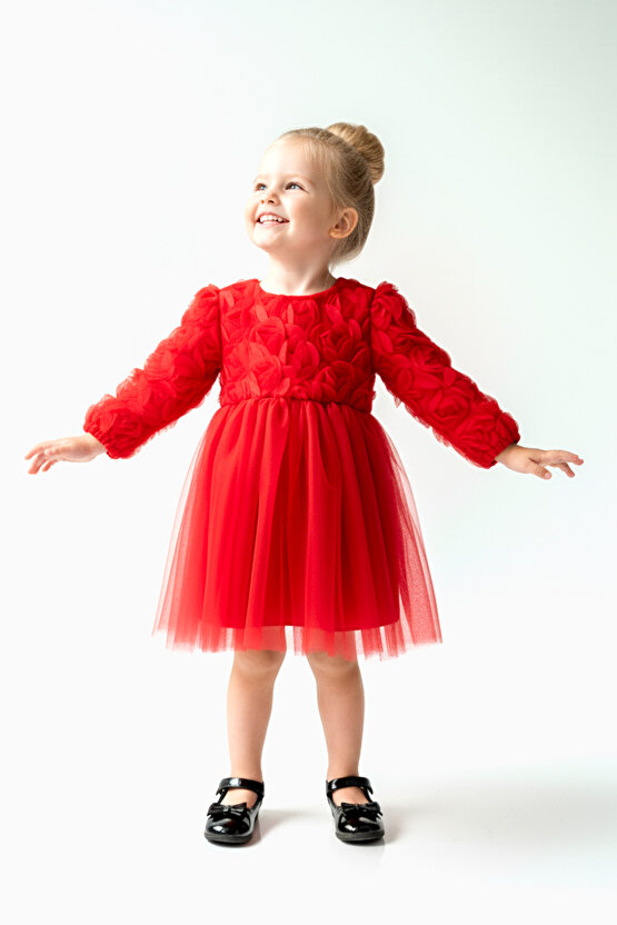 Kız Bebek Kız Çocuk Doğum Günü Parti Düğün Elbise Uzunkollu Güllü Fiyonklu Tüllü Tütü Astarlı