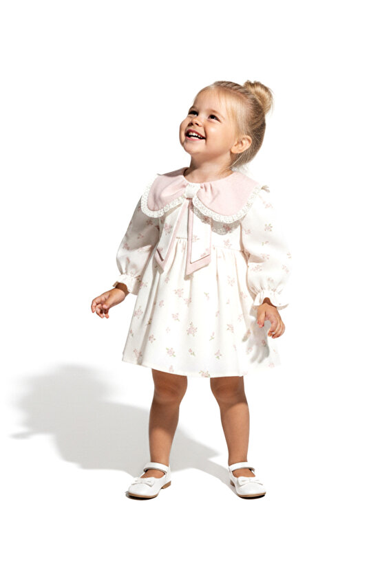 Kız Bebek Elbise Kız Çocuk Elbise Yakalı Doğum Günü Parti Düğün Özel Gün Uzun Kol Astarlı Çiçekli