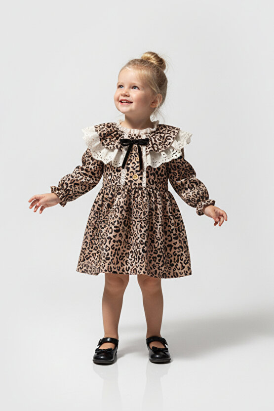 Kız Bebek Elbise Kız Çocuk Elbise Leopar Doğum Günü Parti Düğün Özel Gün Uzun Kol Astarlı Elbise