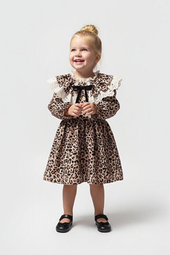 Kız Bebek Elbise Kız Çocuk Elbise Leopar Doğum Günü Parti Düğün Özel Gün Uzun Kol Astarlı Elbise