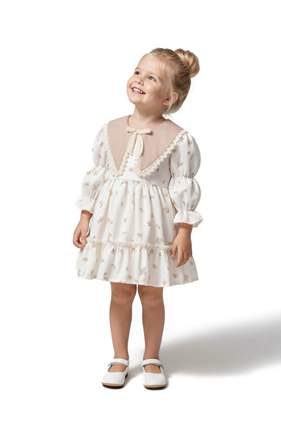 Kız Bebek Elbise Kız Çocuk Elbise Yakalı Doğum Günü Parti Düğün Özel Gün Uzun Kol Astarlı Elbise