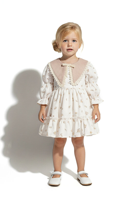 Kız Bebek Elbise Kız Çocuk Elbise Yakalı Doğum Günü Parti Düğün Özel Gün Uzun Kol Astarlı Elbise