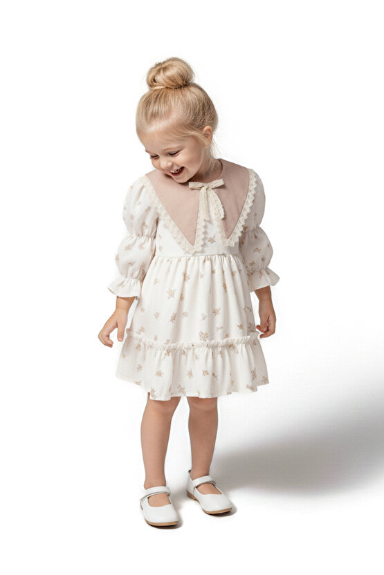 Kız Bebek Elbise Kız Çocuk Elbise Yakalı Doğum Günü Parti Düğün Özel Gün Uzun Kol Astarlı Elbise