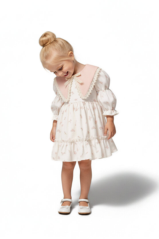 Kız Bebek Elbise Kız Çocuk Elbise Yakalı Doğum Günü Parti Düğün Özel Gün Uzun Kol Astarlı Elbise