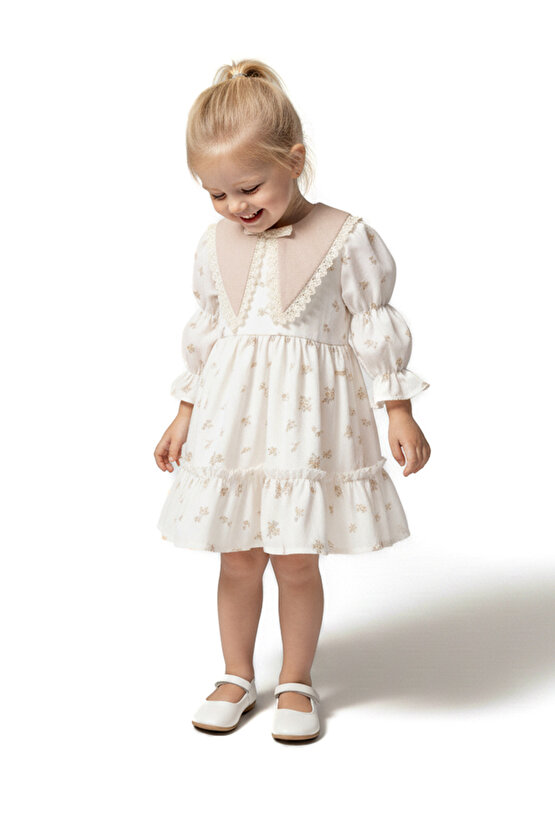 Kız Bebek Elbise Kız Çocuk Elbise Yakalı Doğum Günü Parti Düğün Özel Gün Uzun Kol Astarlı Elbise