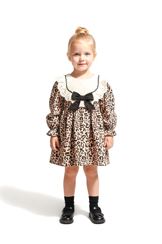 Kız Bebek Elbise Kız Çocuk Elbise Leopar Doğum Günü Parti Düğün Özel Gün Uzun Kol Astarlı Elbise