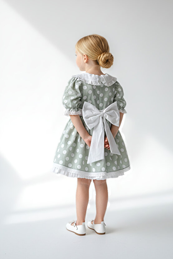 Kız Bebek Kız Çocuk Doğum Günü Parti Düğün Elbise Yarım Kol Astarlı Puanlı Fiyonklu Elbise