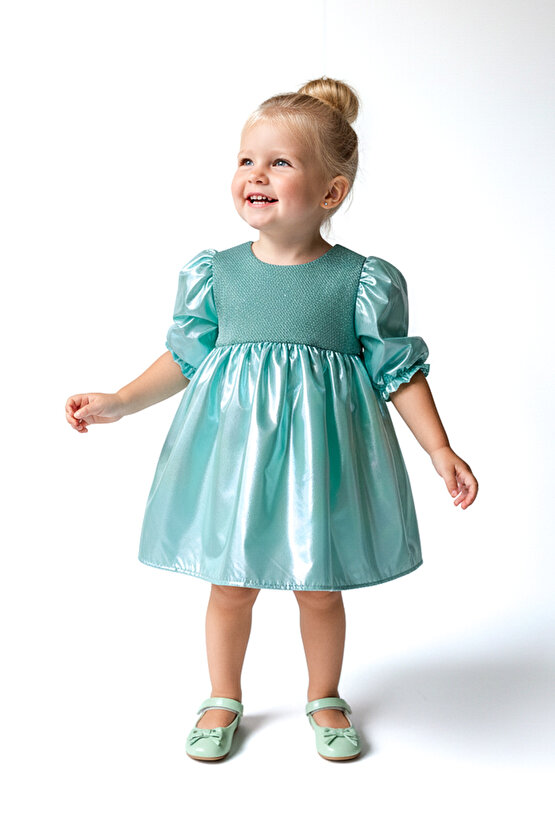 Kız Bebek Kız Çocuk Doğum Günü Parti Düğün Elbise Yarım Kol Astarlı Parlak Elbise