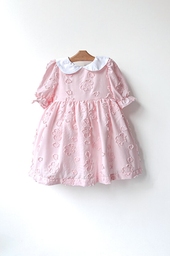 Kız Bebek Kız Çocuk Doğum Günü Parti Düğün Elbise Yarım Kol Astarlı Yakalı Çiçekli Elbise