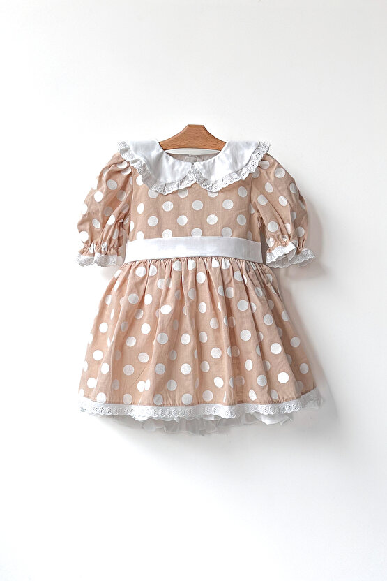 Kız Bebek Kız Çocuk Doğum Günü Parti Düğün Elbise Yarım Kol Astarlı Puanlı Fiyonklu Elbise