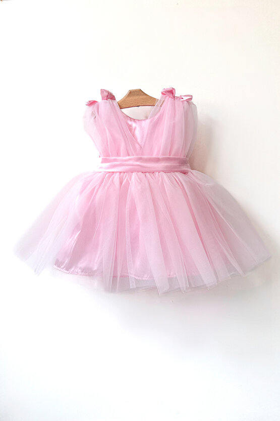 Kız Bebek Kız Çocuk Doğum Günü Parti Düğün Elbise Balonkol Fiyonklu Tüllü Tütü Astarlı