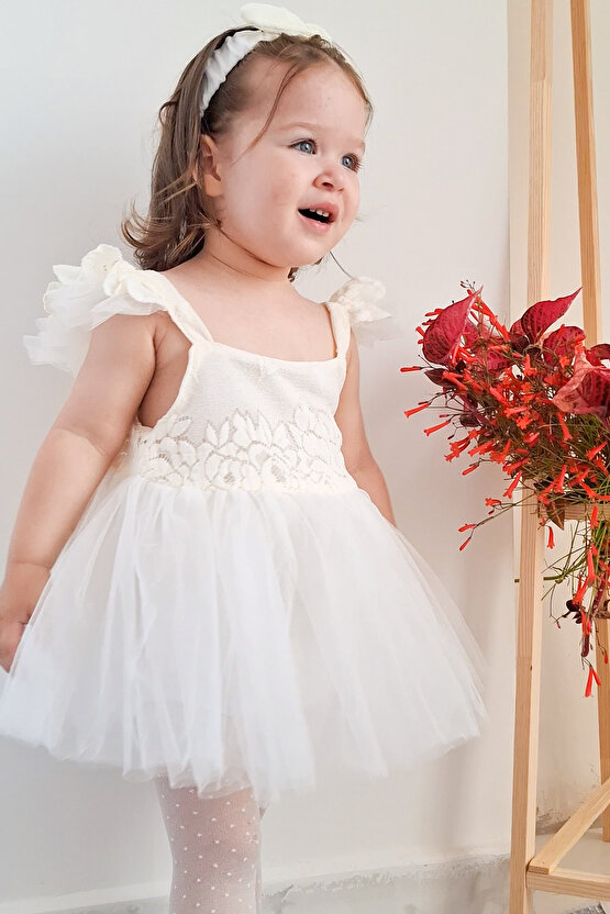 Kız Bebek Kız Çocuk Doğum Günü Parti Düğün Elbise Kısa Kol Kurdela Bandanalı Dantelli Astarlı Romper