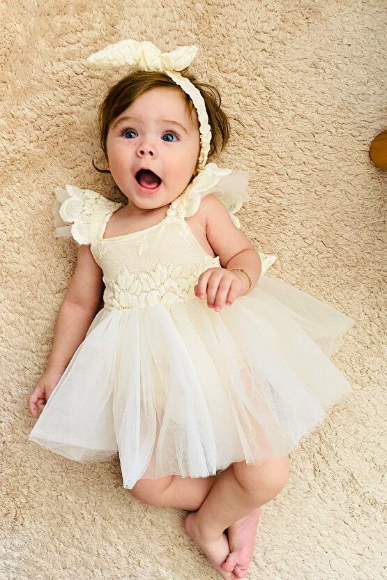 Kız Bebek Kız Çocuk Doğum Günü Parti Düğün Elbise Kısa Kol Kurdela Bandanalı Dantelli Astarlı Romper