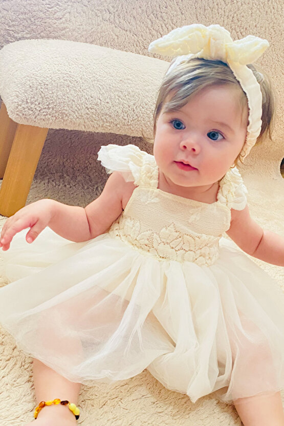 Kız Bebek Kız Çocuk Doğum Günü Parti Düğün Elbise Kısa Kol Kurdela Bandanalı Dantelli Astarlı Romper