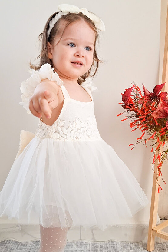 Kız Bebek Kız Çocuk Doğum Günü Parti Düğün Elbise Kısa Kol Kurdela Bandanalı Dantelli Astarlı Romper