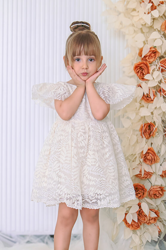 Kız Bebek Elbise Kız Çocuk Elbise Doğum Günü Parti Düğün Elbise Dantelli Kısa Kol Astarlı Elbise