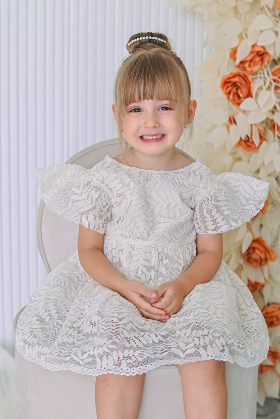 Kız Bebek Elbise Kız Çocuk Elbise Doğum Günü Parti Düğün Elbise Dantelli Kısa Kol Astarlı Elbise
