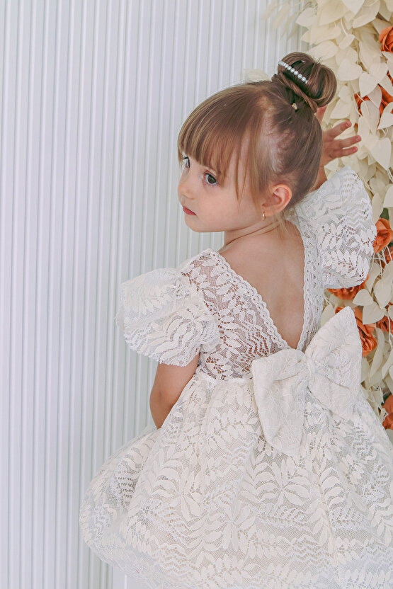 Kız Bebek Elbise Kız Çocuk Elbise Doğum Günü Parti Düğün Elbise Dantelli Kısa Kol Astarlı Elbise