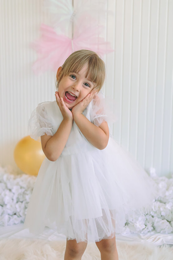 Kız Bebek Kız Çocuk Doğum Günü Parti Düğün Elbise Balonkol Kanatlı Tüllü Tütülü Tütü Astarlı