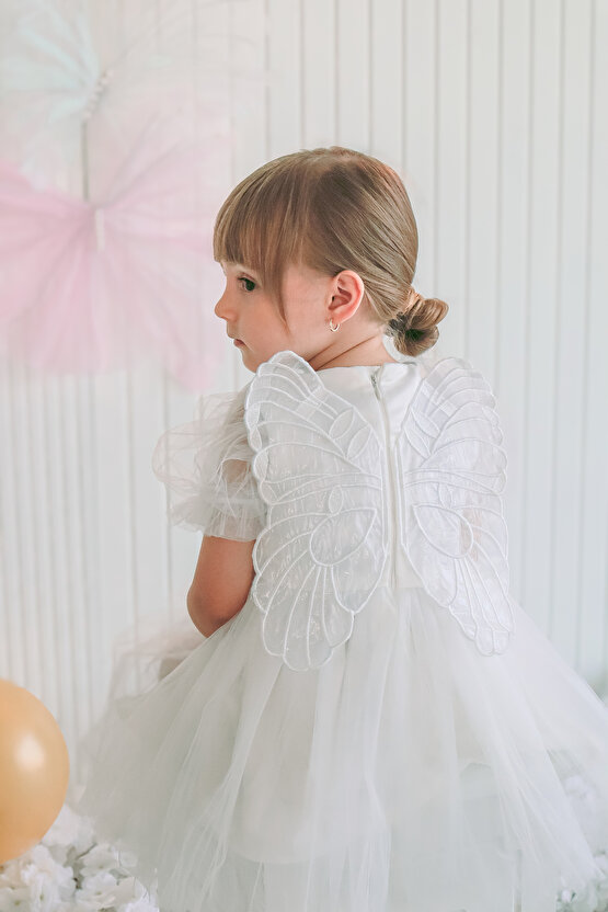 Kız Bebek Kız Çocuk Doğum Günü Parti Düğün Elbise Balonkol Kanatlı Tüllü Tütülü Tütü Astarlı
