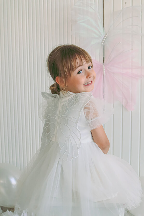 Kız Bebek Kız Çocuk Doğum Günü Parti Düğün Elbise Balonkol Kanatlı Tüllü Tütülü Tütü Astarlı