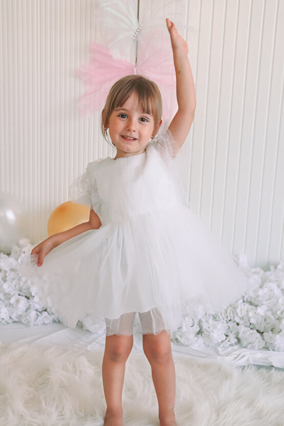 Kız Bebek Kız Çocuk Doğum Günü Parti Düğün Elbise Balonkol Kanatlı Tüllü Tütülü Tütü Astarlı