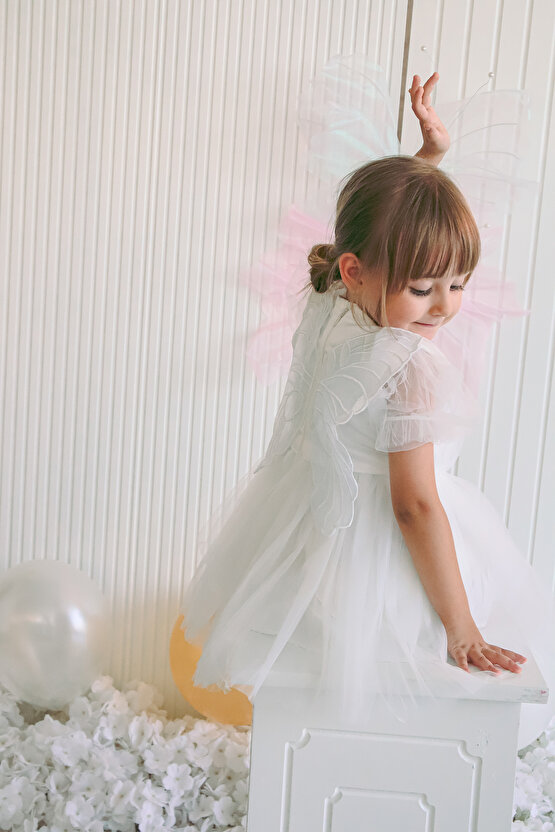 Kız Bebek Kız Çocuk Doğum Günü Parti Düğün Elbise Balonkol Kanatlı Tüllü Tütülü Tütü Astarlı