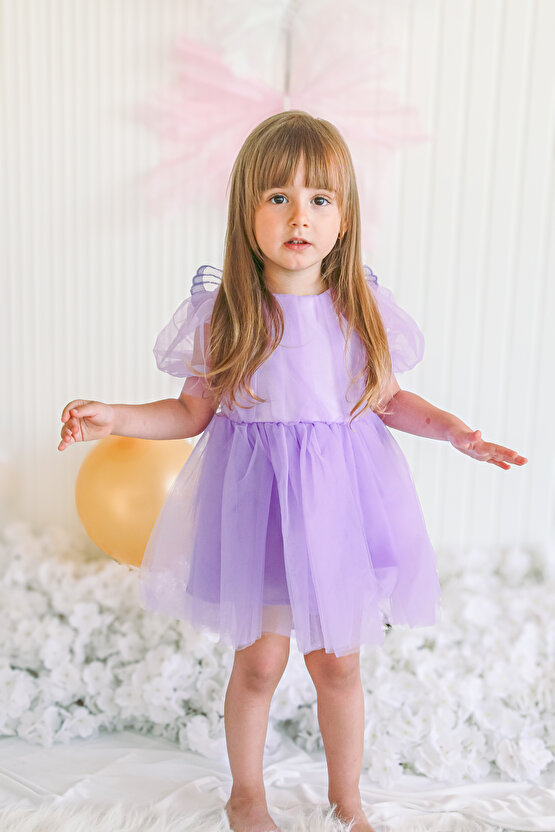 Kız Bebek Kız Çocuk Doğum Günü Parti Düğün Elbise Balonkol Kanatlı Tüllü Tütülü Tütü Astarlı