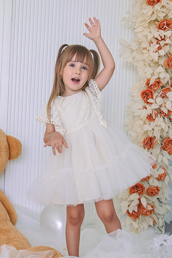 Kız Bebek Elbise Kız Çocuk Elbise Doğum Günü Parti Düğün Elbise Dantelli Kısa Kol Astarlı Elbise