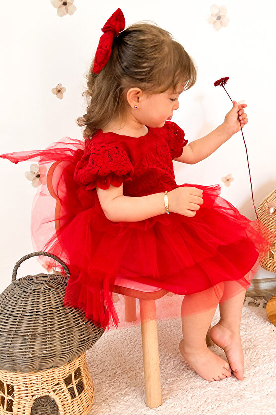 Kız Bebek Elbise Kız Çocuk Elbise Doğum Günü Parti Düğün Elbise Dantelli Kısa Kol Astarlı Elbise