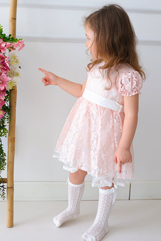 Kız Bebek Elbise Kız Çocuk Elbise Doğum Günü Parti Düğün Elbise Dantelli Kısa Kol Astarlı Elbise