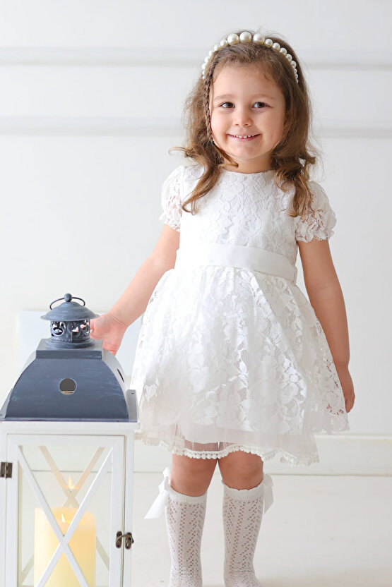 Kız Bebek Elbise Kız Çocuk Elbise Doğum Günü Parti Düğün Elbise Dantelli Kısa Kol Astarlı Elbise