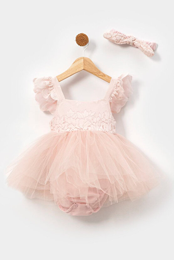 Kız Bebek Kız Çocuk Doğum Günü Parti Düğün Elbise Kısa Kol Kurdela Bandanalı Dantelli Astarlı Romper