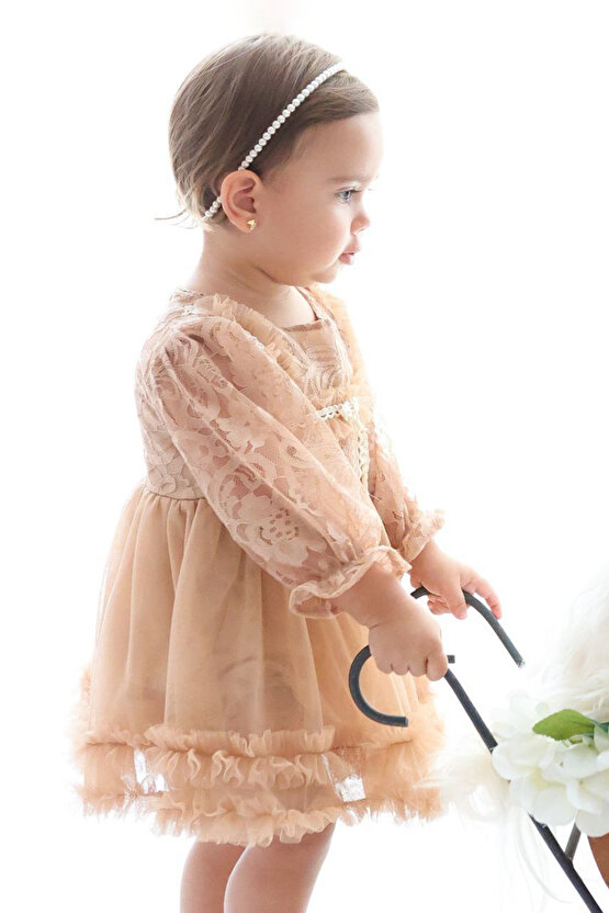 Kız Bebek Elbise Kız Çocuk Elbise Doğum Günü Parti Düğün Elbise Dantelli Uzun Kol Astarlı Elbise