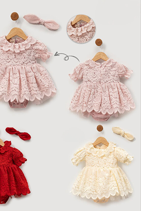 Kız Bebek Kız Çocuk Doğum Günü Parti Düğün Elbise Kısa Kol Bandanalı Dantelli Astarlı Romper